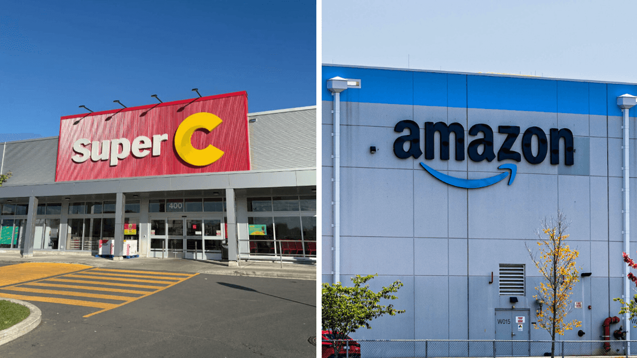 La façade d'un Super C. Droite : La façade d'un centre Amazon.