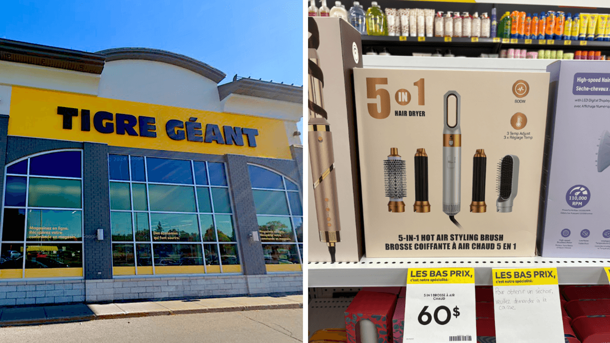 La façade d'un Tigre Géant. Droite : La Brosse soufflante 5-en-1 au Tigre Géant.