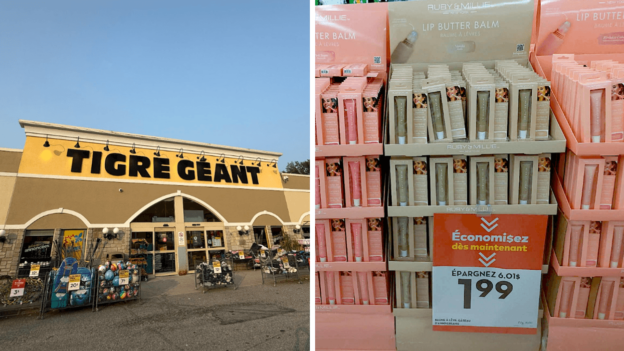 La façade d'un Tigre Géant. Droite : Les produits Ruby & Millie en rabais au Tigre Géant.