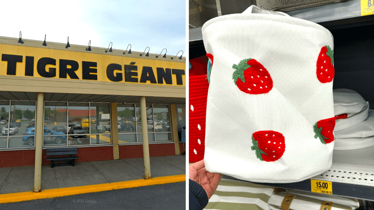 La façade d'un Tigre Géant. Droite : Un panier avec des fraises.