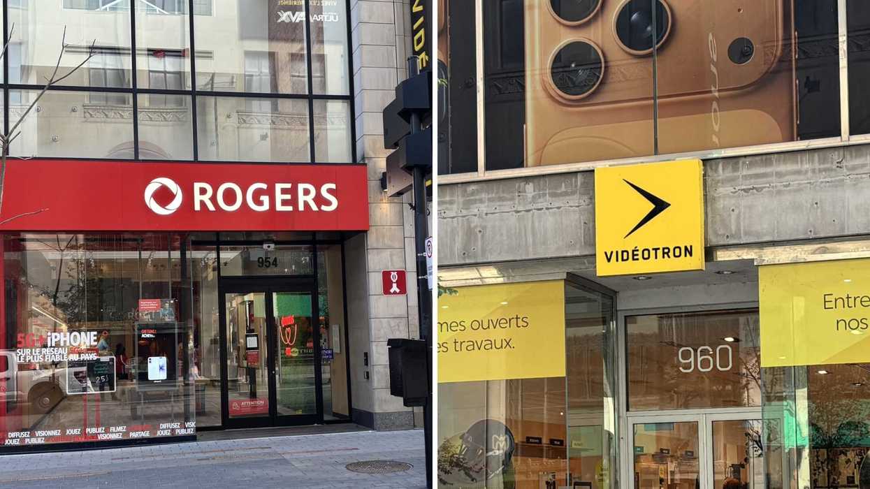 La façade d'une Rogers. Droite : la façade d'un Vidéotron.