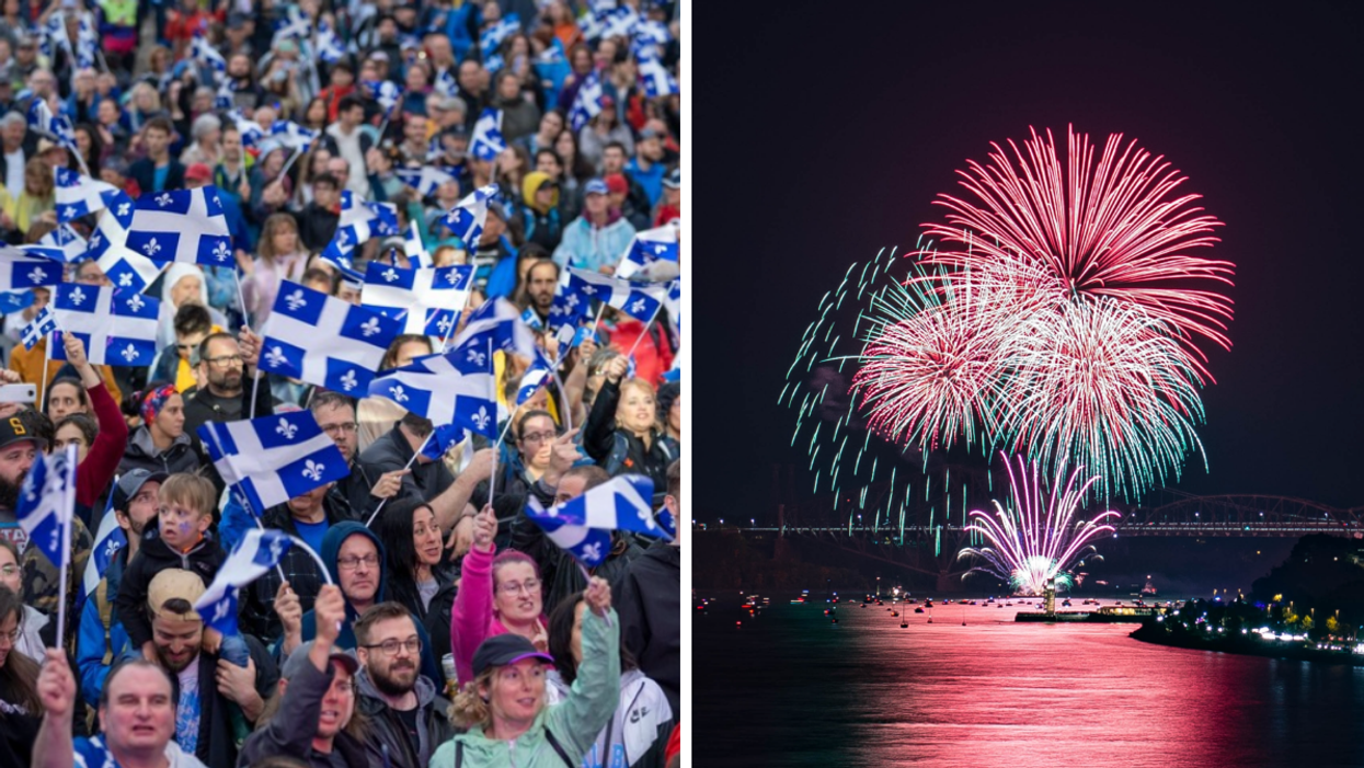 La Fête nationale du Québec. Droite : Des feux d'artifice.
