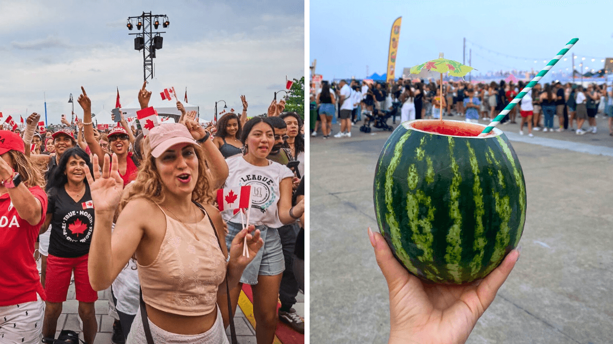 La foule à la fête du Canada. Droite : Une main tenant un cocktail dans un melon aux Premiers Vendredis.
