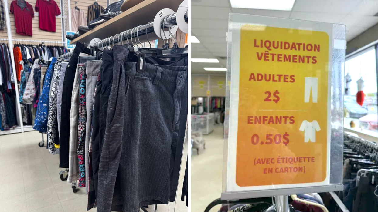 La friperie Au Grenier Populaire. Droite: Affichage de liquidation de vêtements pour enfants et adultes.