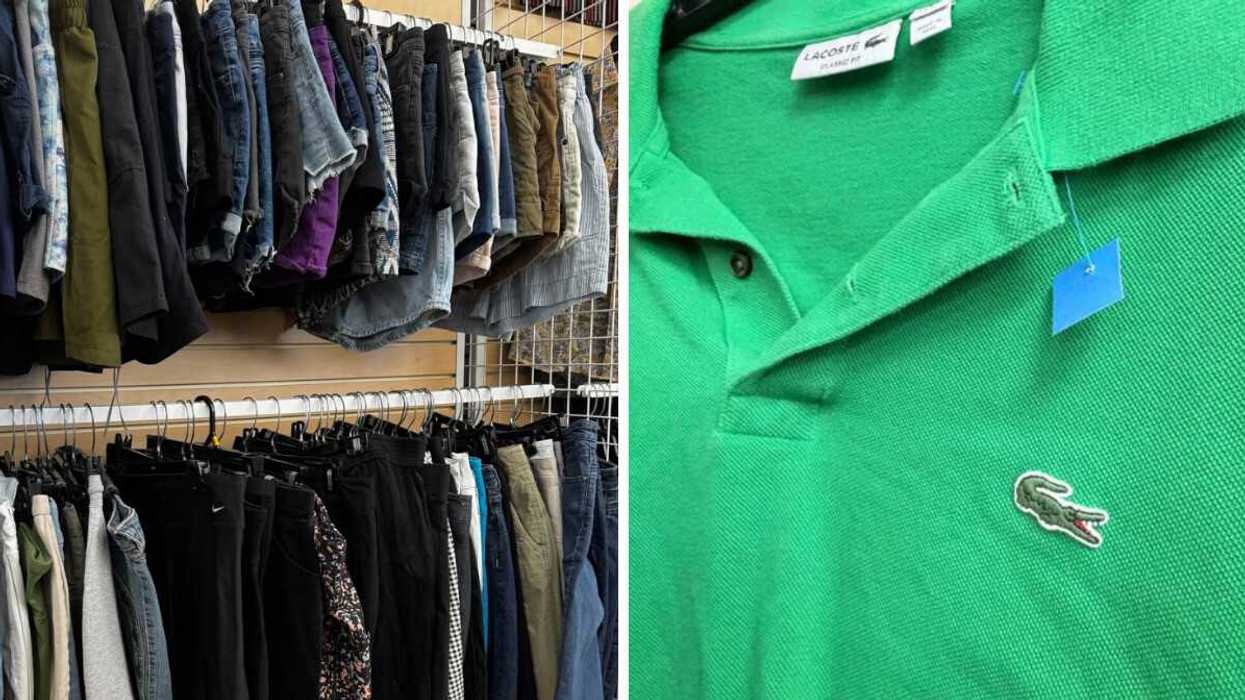 La friperie Au Grenier Populaire. Droite: Un polo Lacoste à 2 $ en friperie.