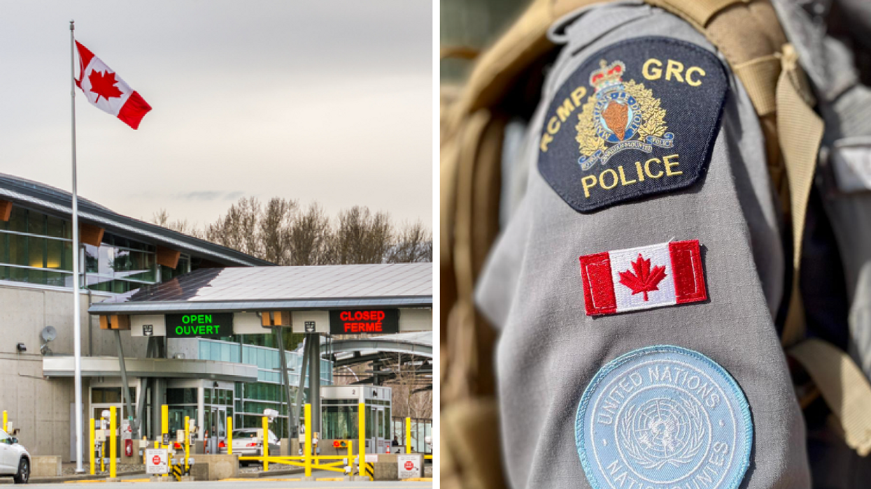 La frontière américaine et canadienne. Droite : La GRC.