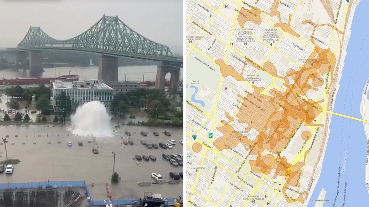 La fuite d'eau à Montréal. Droite : Le site Internet d'Hydro-Québec partage une carte géographique des pannes, mise à jour en temps réelle.