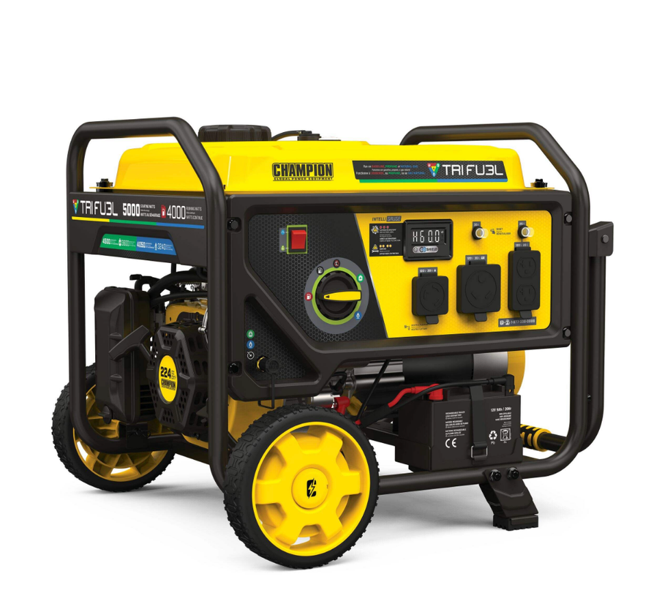 La g\u00e9n\u00e9ratrice portable \u00e0 trois carburants Champion.