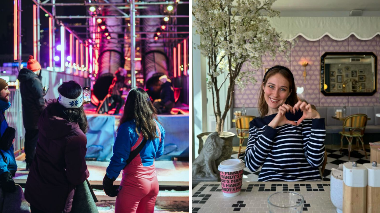 La glissade du Igloofest. Droite : Une personne au bar à salade Mandy's.