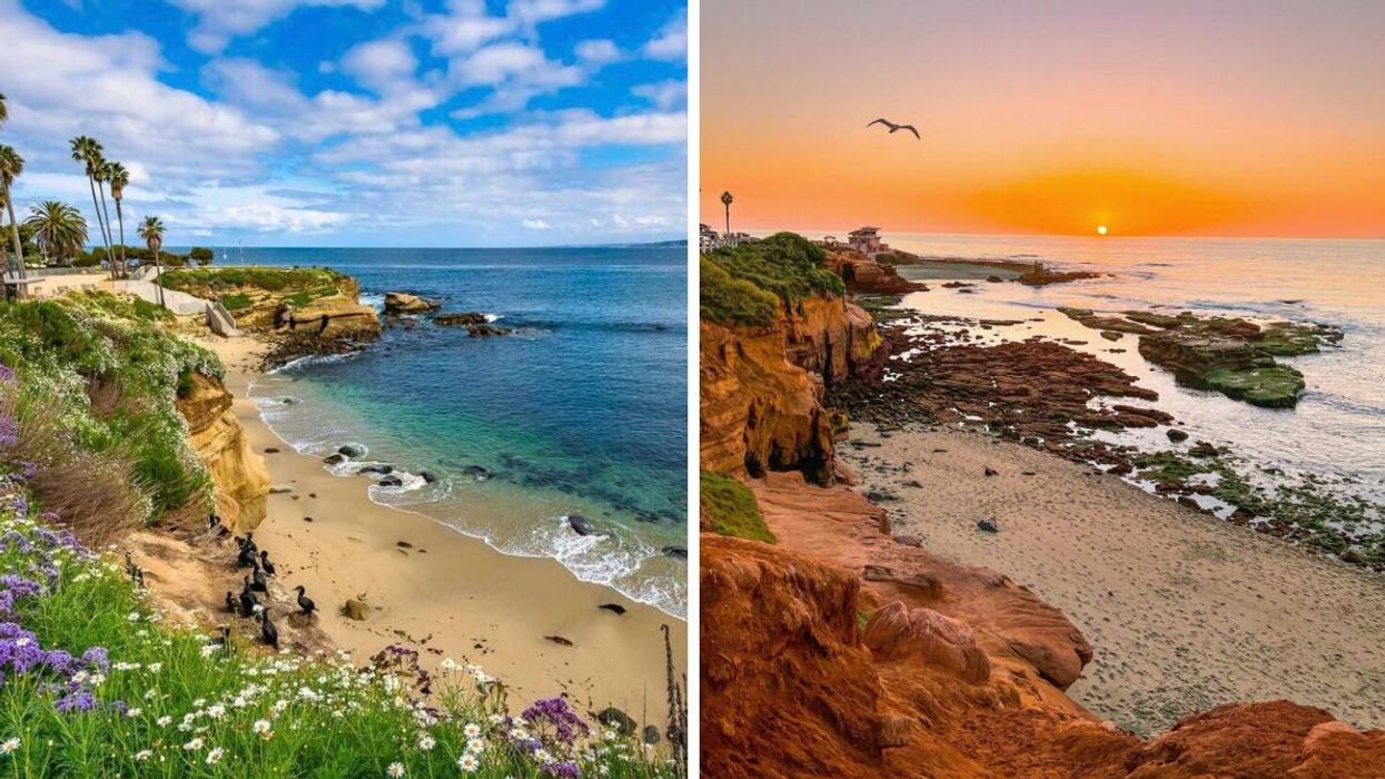 La Jolla Cove and the cliffs overlooking the water. Right: The tide pools at La Jolla at sunset.
