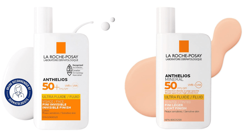 La lotion solaire pour le visage Anthelios Ultra-Fluide FPS 50 de La Roche-Posay. Droite : La lotion solaire teint\u00e9 pour le visage Anthelios Ultra-Fluide FPS 50 de La Roche-Posay.