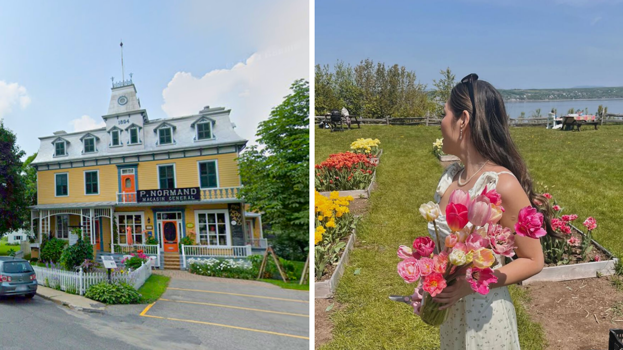 La Maison Normand. Droite : Une femme avec des fleurs.