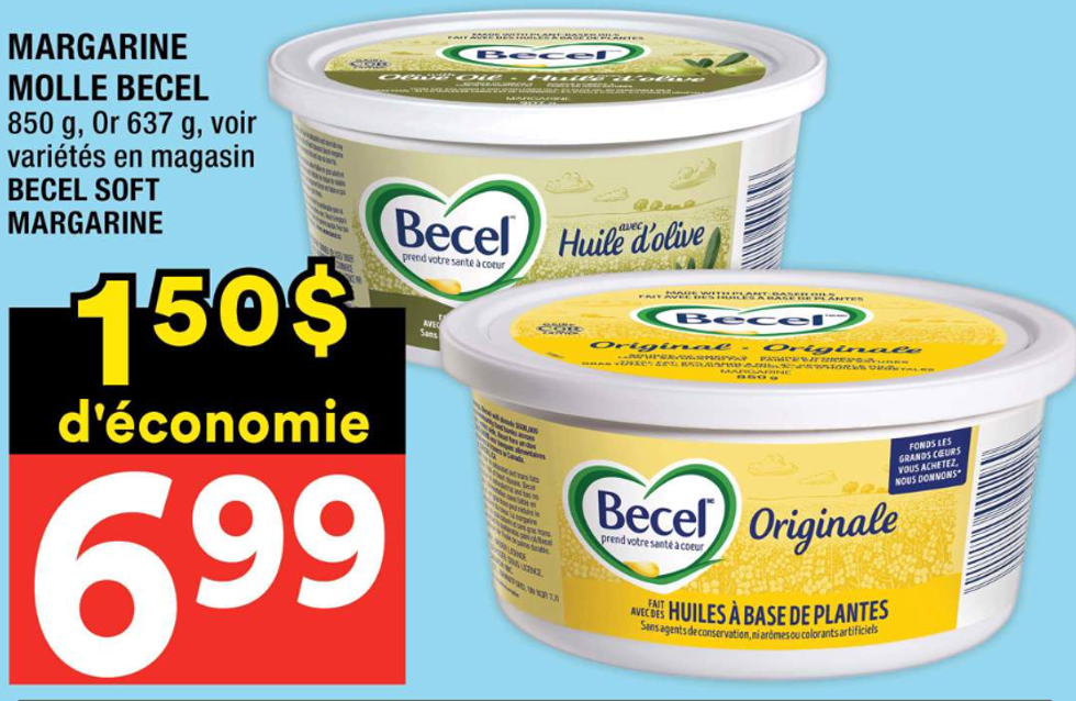 La margarine Originale Becel en rabais dans la circulaire du Super C.