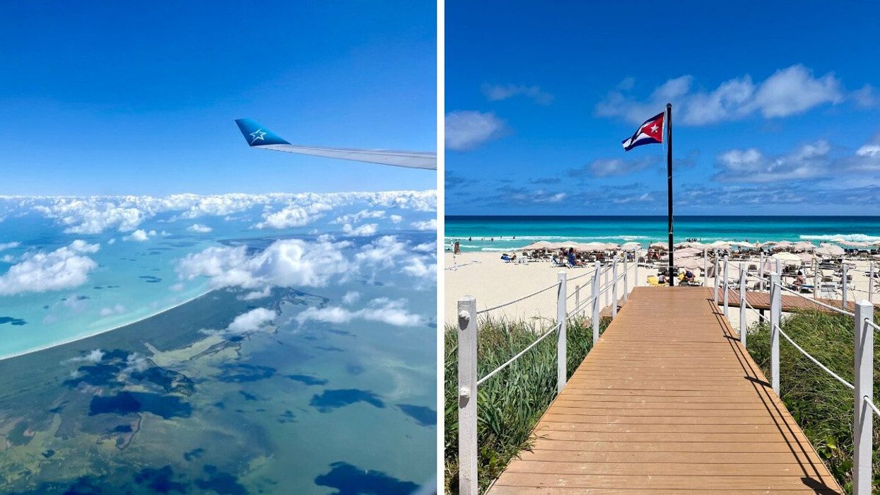 La mer vue des airs, des nuages et un aileron d'avion. Droite: le drapeau de Cuba devant une plage bondée.