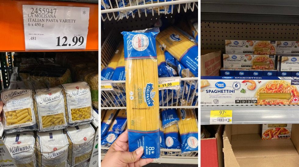 La Molisana pasta at Costco. Middle: Italpasta pasta at Dollarama. Right: Great Value pasta at Walmart.