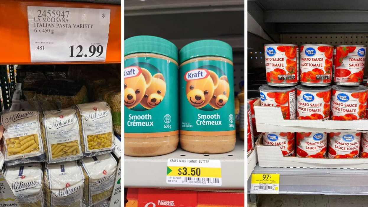 La Molisana pasta at Costco. Middle: Kraft peanut butter at Dollarama. Right: Great Value tomato sauce at Walmart.