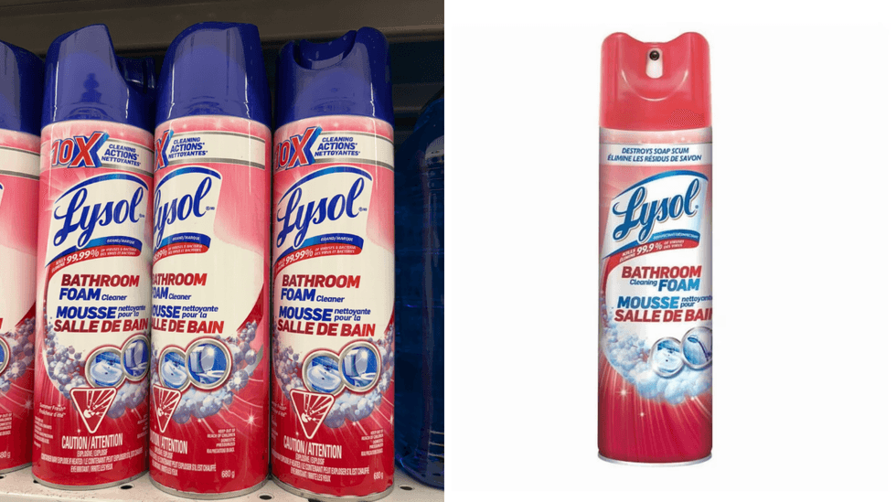 La mousse nettoyante pour la salle de bain Lysol sur les tablettes du Dollarama. Droite : La mousse nettoyante pour la salle de bain Lysol sur le site de Walmart.