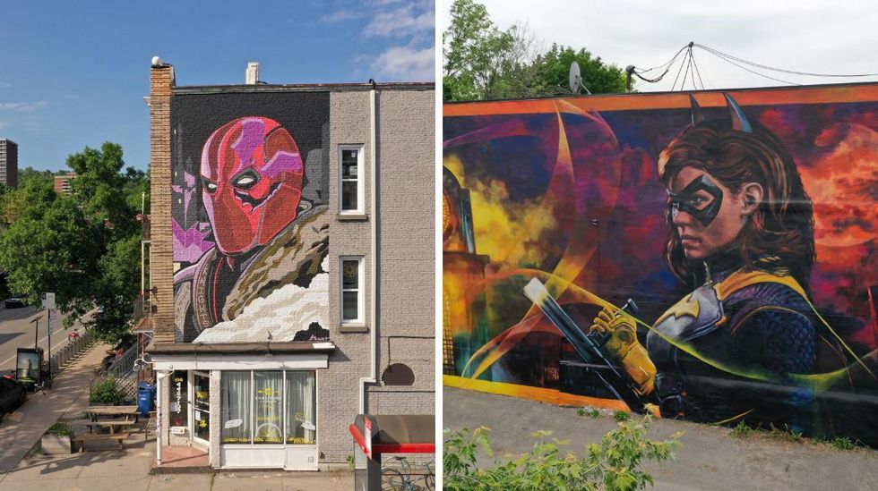 La murale repr\u00e9sentant Redhood. Droite : La murale repr\u00e9sentant Batgirl.
