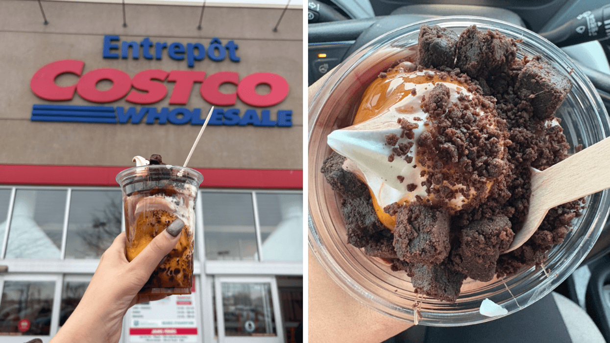 La nouvelle coupe glacée au brownie et au caramel de la cantine de l'Entrpôt Costco, devant l'entrepôt. Droite : La coupe vue de haut.