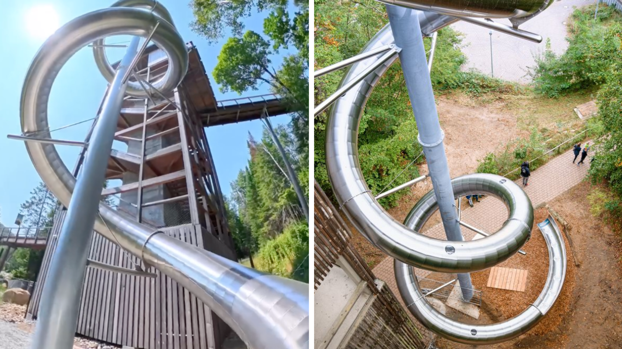 La nouvelle glissade du Sentier des cimes Laurentides. Droite : Une glissade de 53 mètres au Québec.