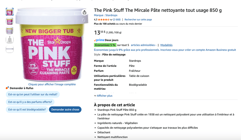 La p\u00e2te The Pink Stuff, vendue sur Amazon Canada pour 13,55 $.