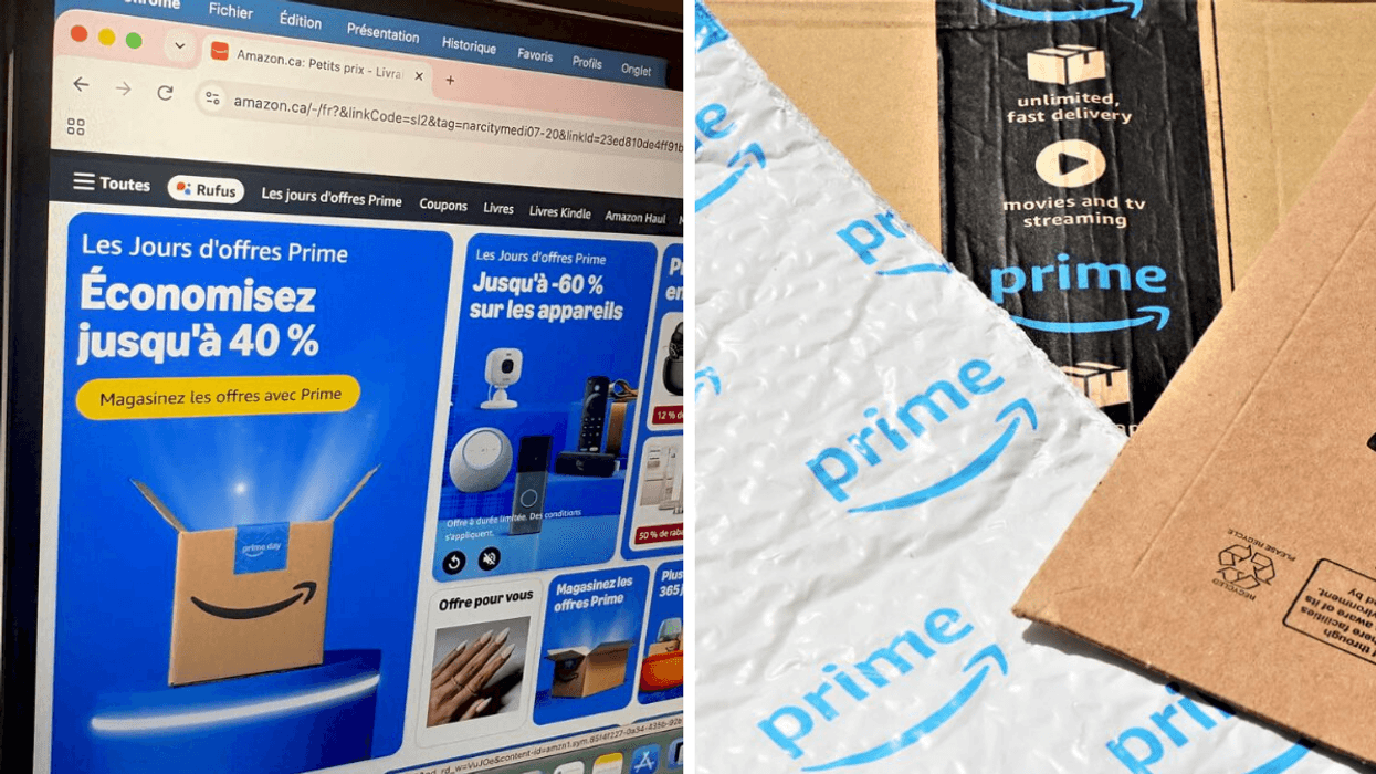 la page des Offres Prime d'Amazon Canada. Droite : Des paquets Amazon Prime.