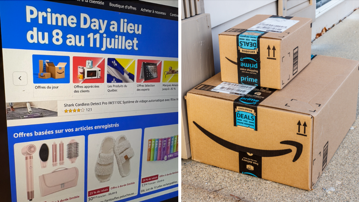 La page Prime Day sur Amazon. Droite : Des boîtes d'Amazon.