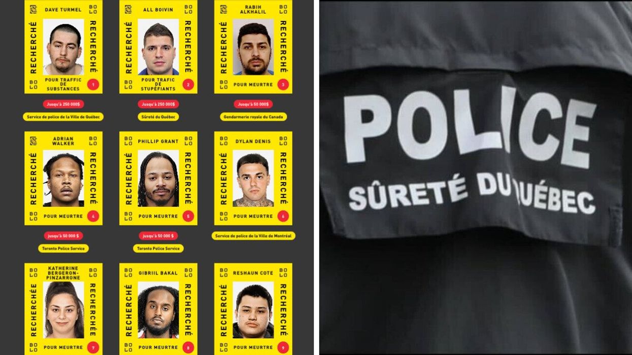 La photo d'identification de 9 des 25 criminels les plus recherchés au Canada. Droite : POLICE Sûreté du Québec
