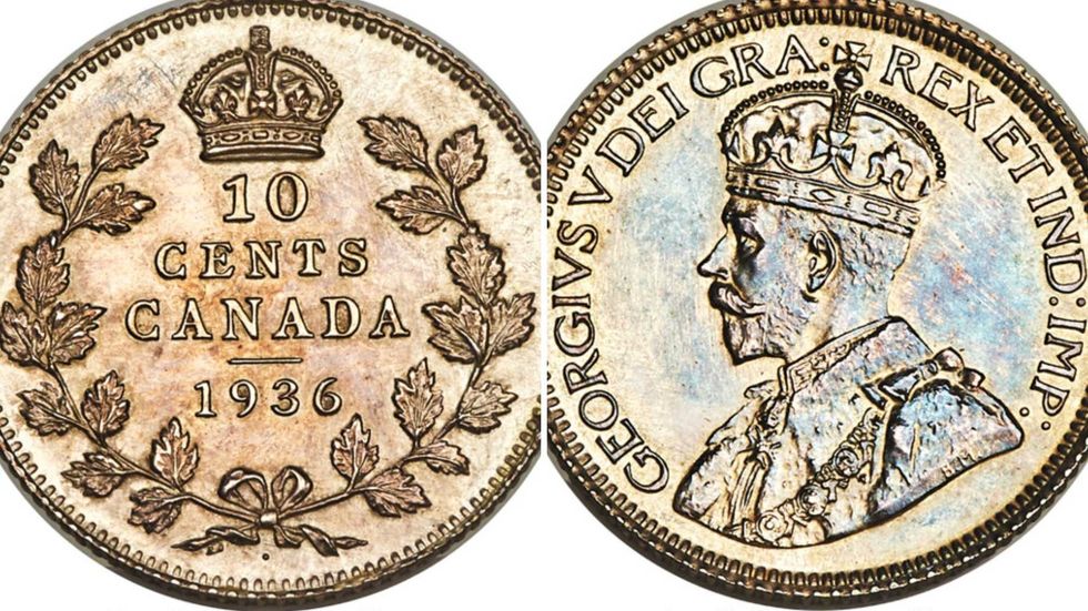 La pi\u00e8ce de 10 cents de 1936. Droite : la pi\u00e8ce de 10 cents de 1936.