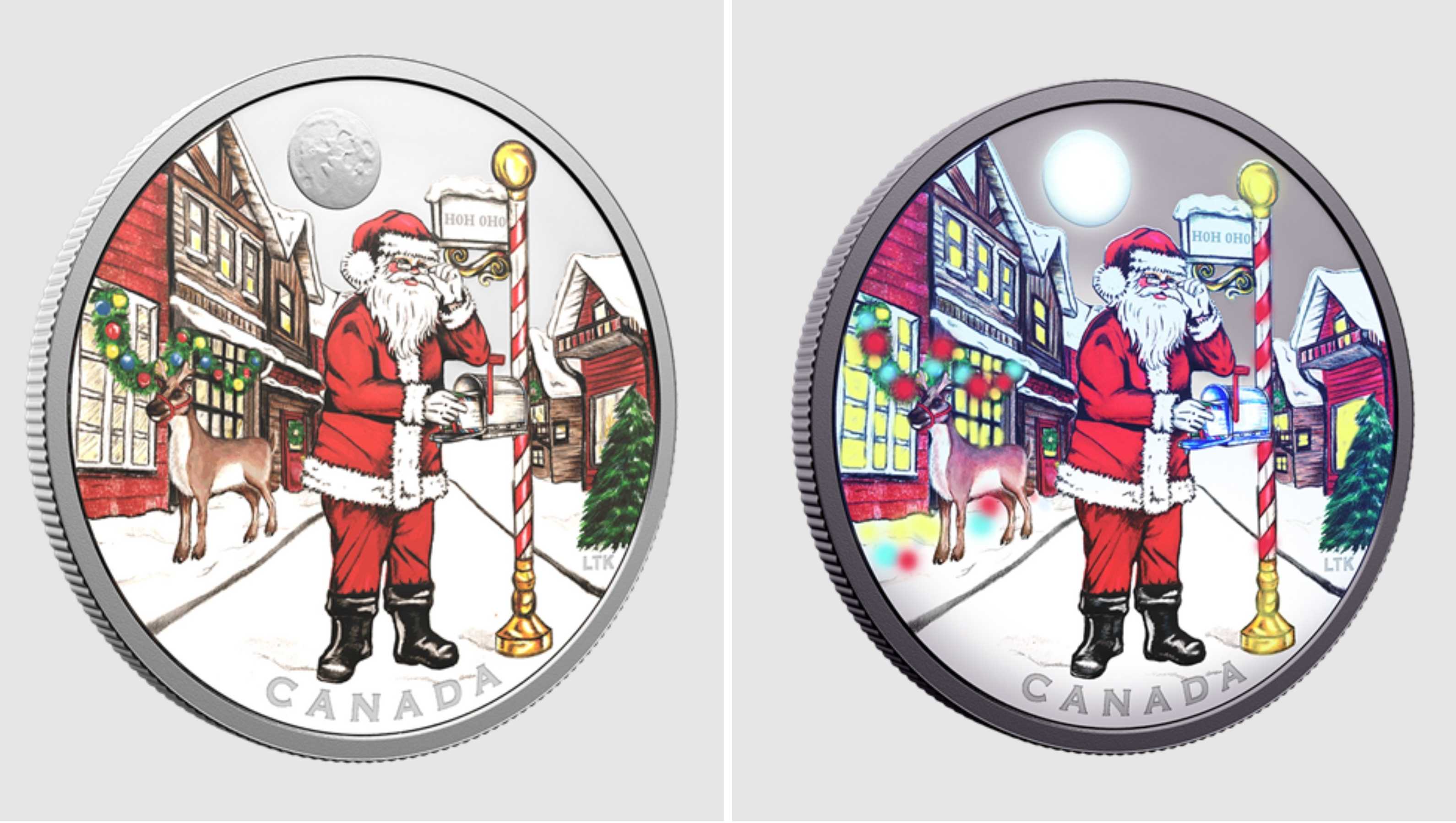 La pi\u00e8ce \u00e0 la lumi\u00e8re. Droite : la m\u00eame pi\u00e8ce, mais illumin\u00e9e dans le noir.