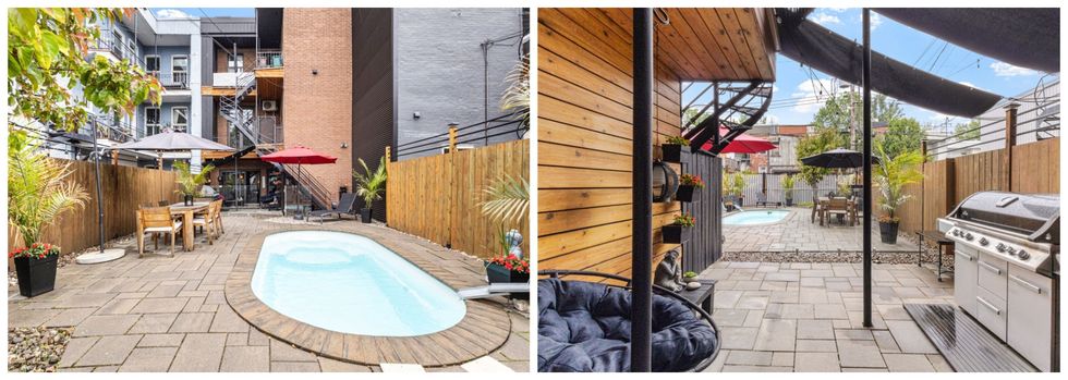 La piscine dans la cour. Droite : La cour.