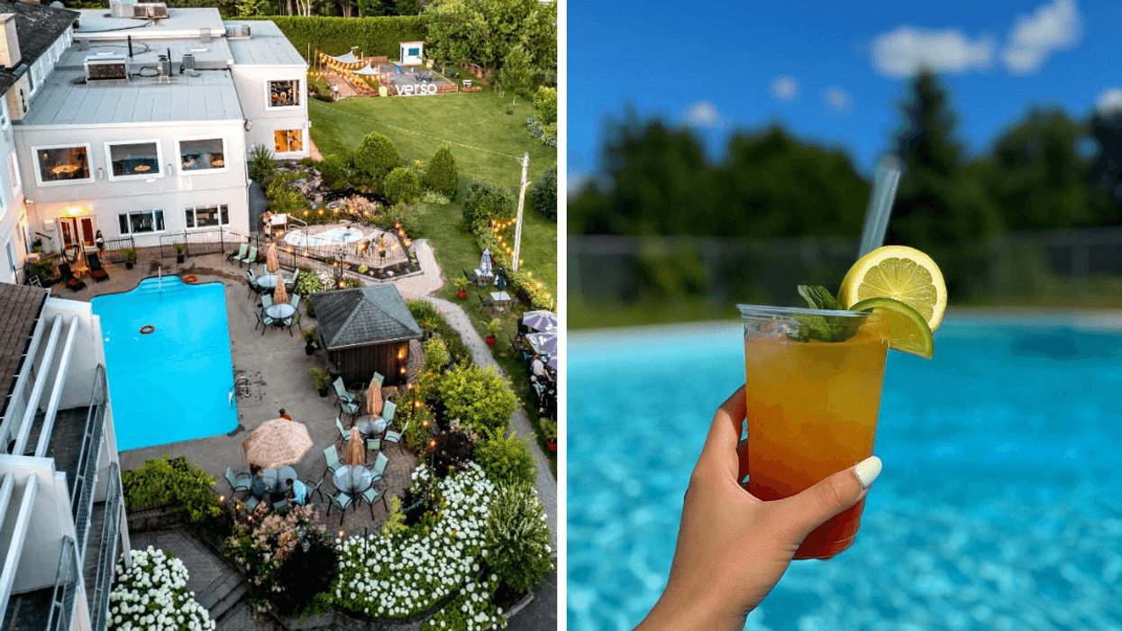 La piscine et le spa du Manoir Lac‑Etchemin, vus de haut. Droite : Une main tenant un cocktail devant la piscine.