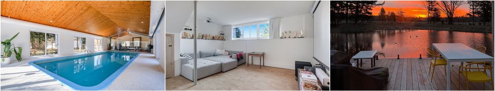 La piscine int\u00e9rieure. Centre : Le cin\u00e9ma maison. Droite : La terrasse au bord de l'\u00e9tang.