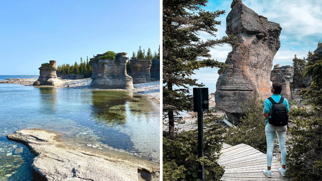La plage de l’île Niapiskau et ses monolithes. Droite : Une personne à l’île Niapiskau.
