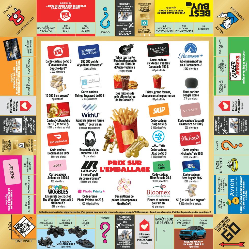 La planche de jeu Monopoly chez McDonald\u2019s 2026, \u00e9dition Or.