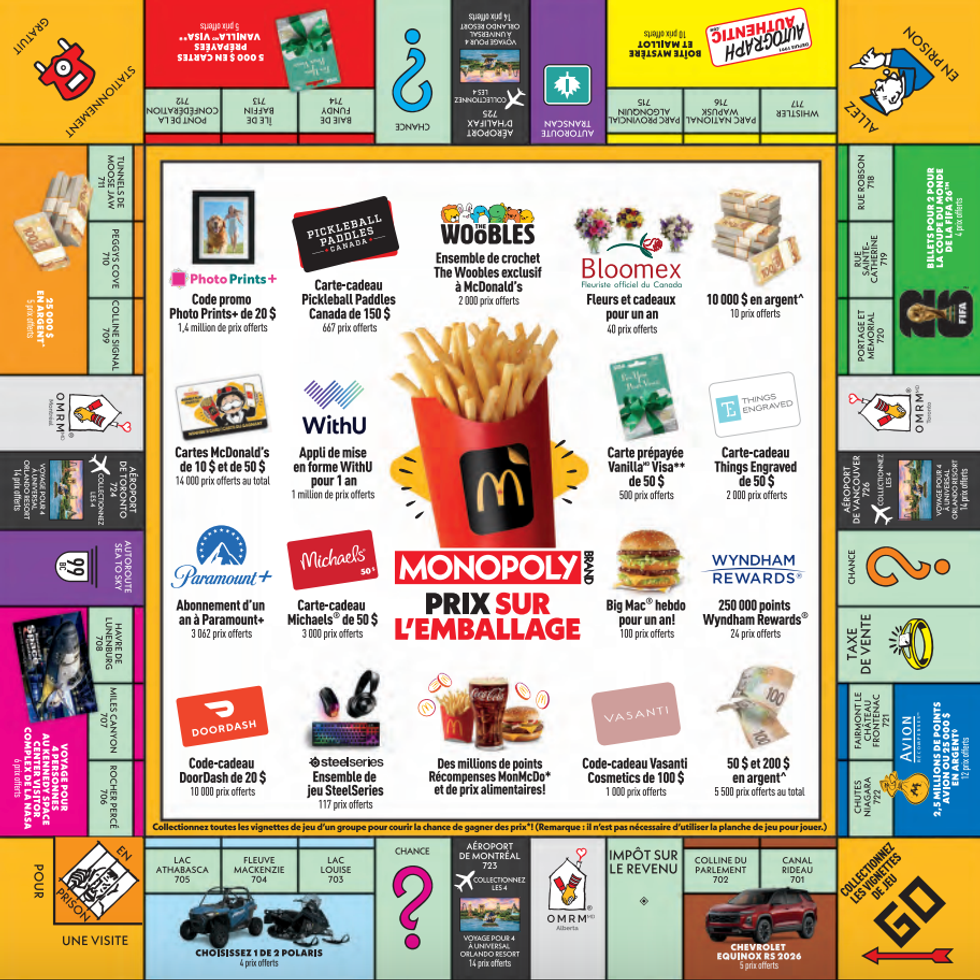 La planche de jeu Monopoly de McDonald\u2019s et les prix que repr\u00e9sentent les terrains en 2025.