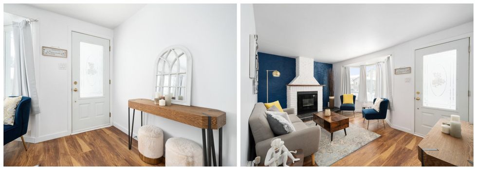 La porte d'entr\u00e9e et un console. Droite : Le salon avec un foyer.