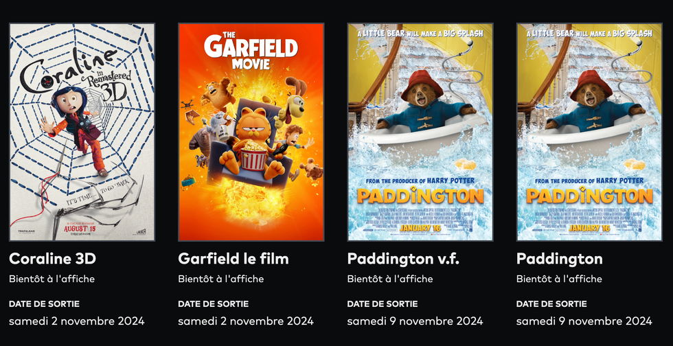 La programmation des Films en famille des cin\u00e9mas Cineplex comprend Coraline 3D, Garfield le film et Paddington.