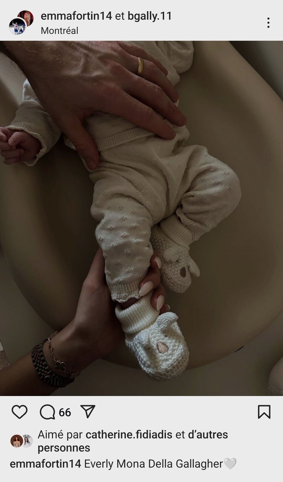 La publication de Brendan Gallagher et Emma Fortin annon\u00e7ant le pr\u00e9nom de leur fille.