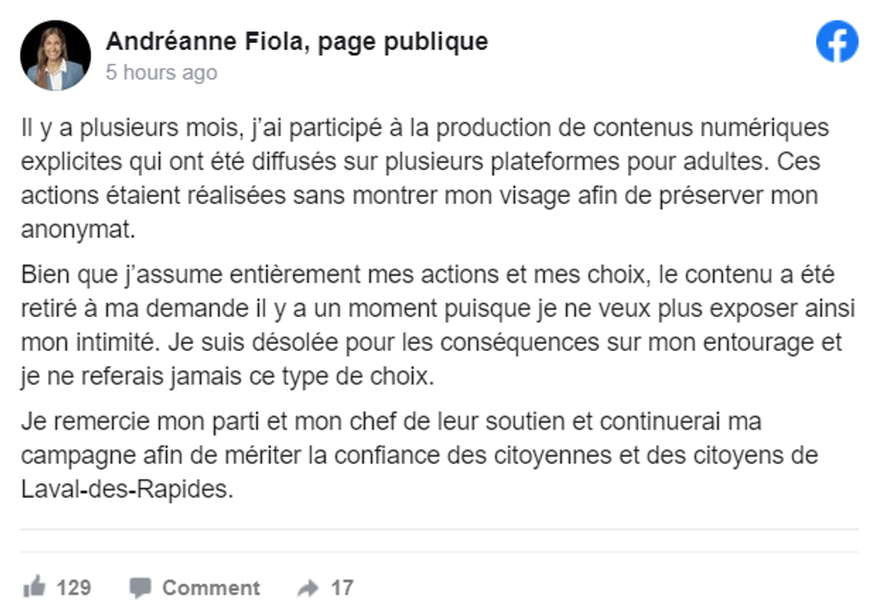 La publication Facebook d'Andr\u00e9anne Fiola.