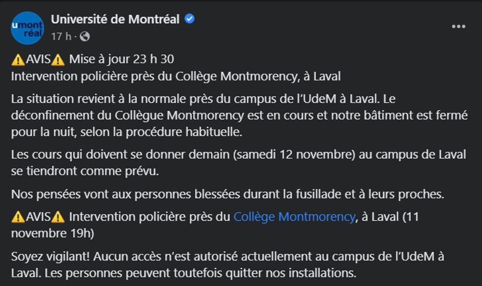 La publication Facebook de l'Universit\u00e9 de Montr\u00e9al concernant la fusillade au c\u00e9gep Montmorency.