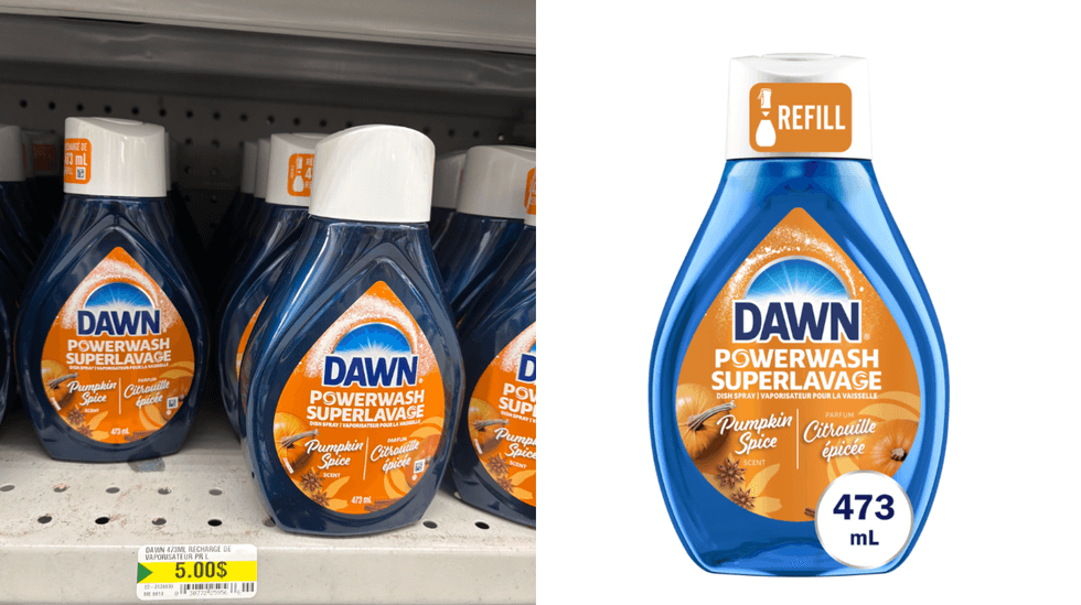 La recharge Dawn Superlavage citrouille \u00e9pic\u00e9e sur les tablettes du Dollarama. Droite : La recharge Dawn Superlavage citrouille \u00e9pic\u00e9e sur le site de Walmart.