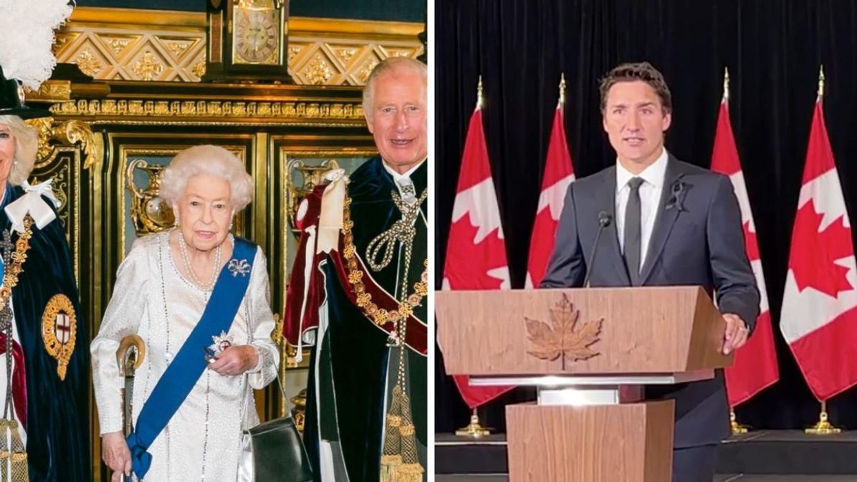La Reine Elizabeth II et son fils le prince Charles. Droite : Premier ministre Justin Trudeau.