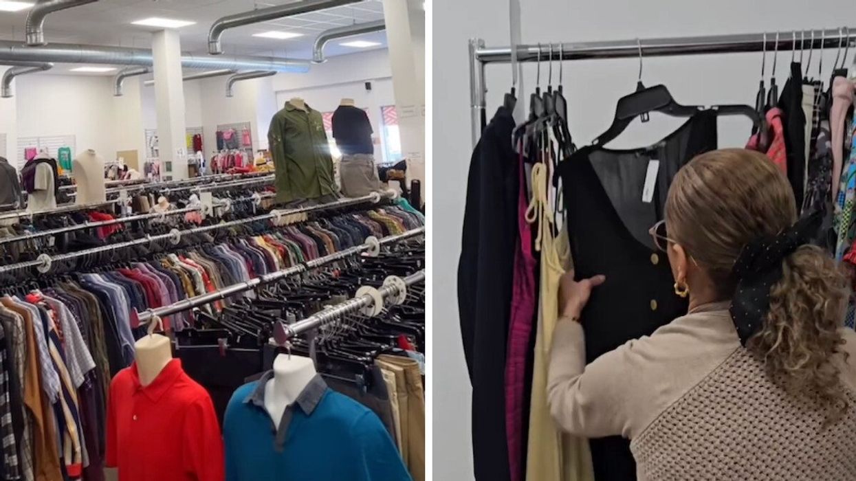 La Ressourcerie Éclipse à Saint-Jérôme. Droite : Une femme magasine des vêtements à la friperie.