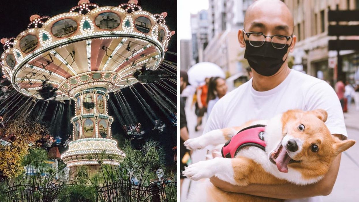 La Ronde. Droite : Personne tenant un corgi dans ses bras.