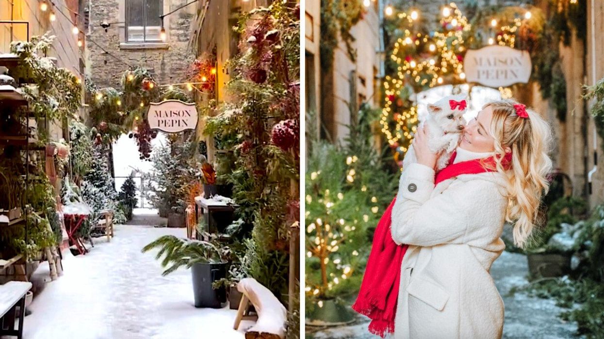 La ruelle de la Maison Pépin. Droite : Une femme et son chien dans la ruelle de Noël.