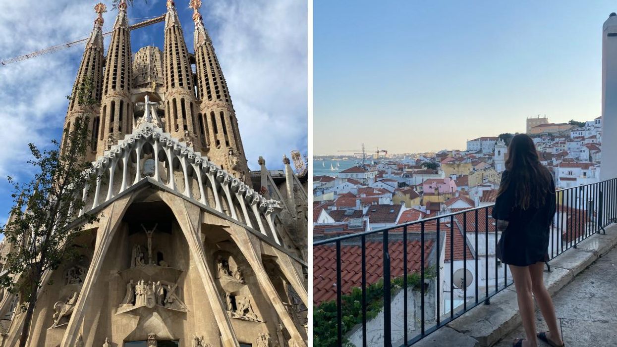 La Sagrada Familia in Barcelona, Spain. Right: Girl at a viewpoint looking over Lisbon, Portugal.