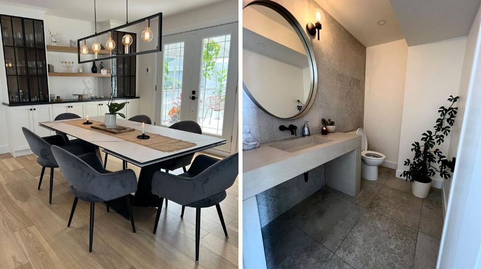 La salle \u00e0 manger. Droite : La salle de bain.