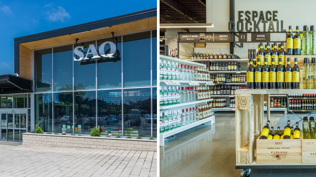 La SAQ. Droite : Des bouteilles d'alcool.