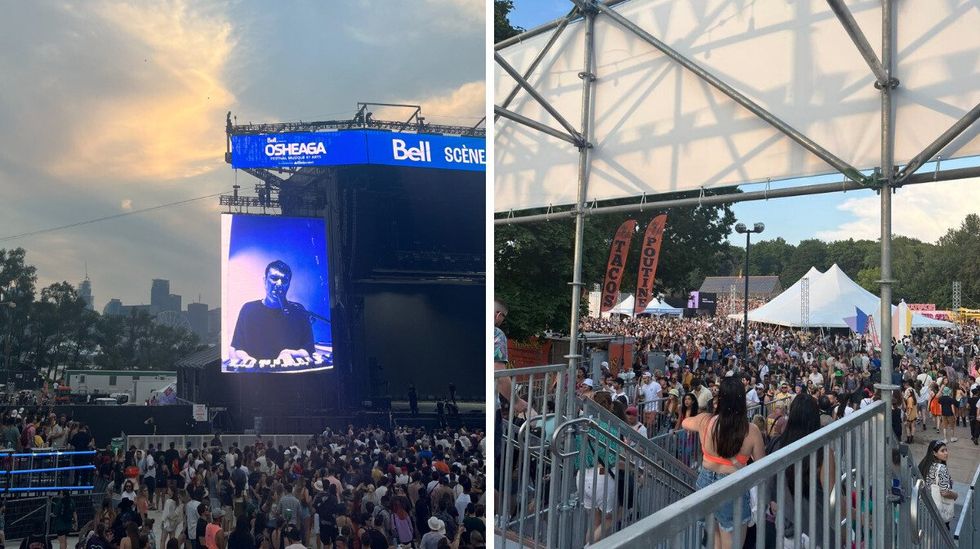 La sc\u00e8ne Bell d'Osheaga 2023. Droite : Une foule de personnes en mouvement \u00e0 Osheaga.